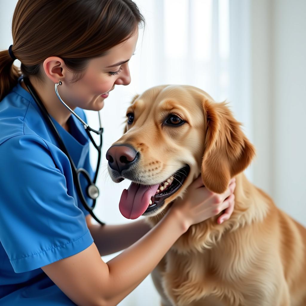 Veterinarian in blue scrubs gently examining a golden retriever on an examination table