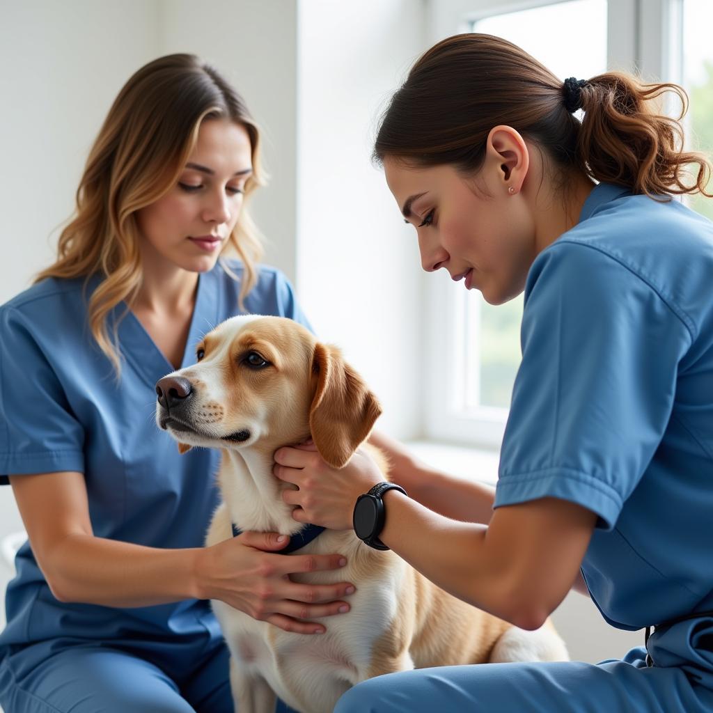 Veterinarian performing a check up on a dog with the owner present. 