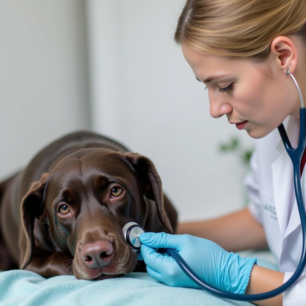 Experienced veterinarian conducting a thorough physical exam on a dog