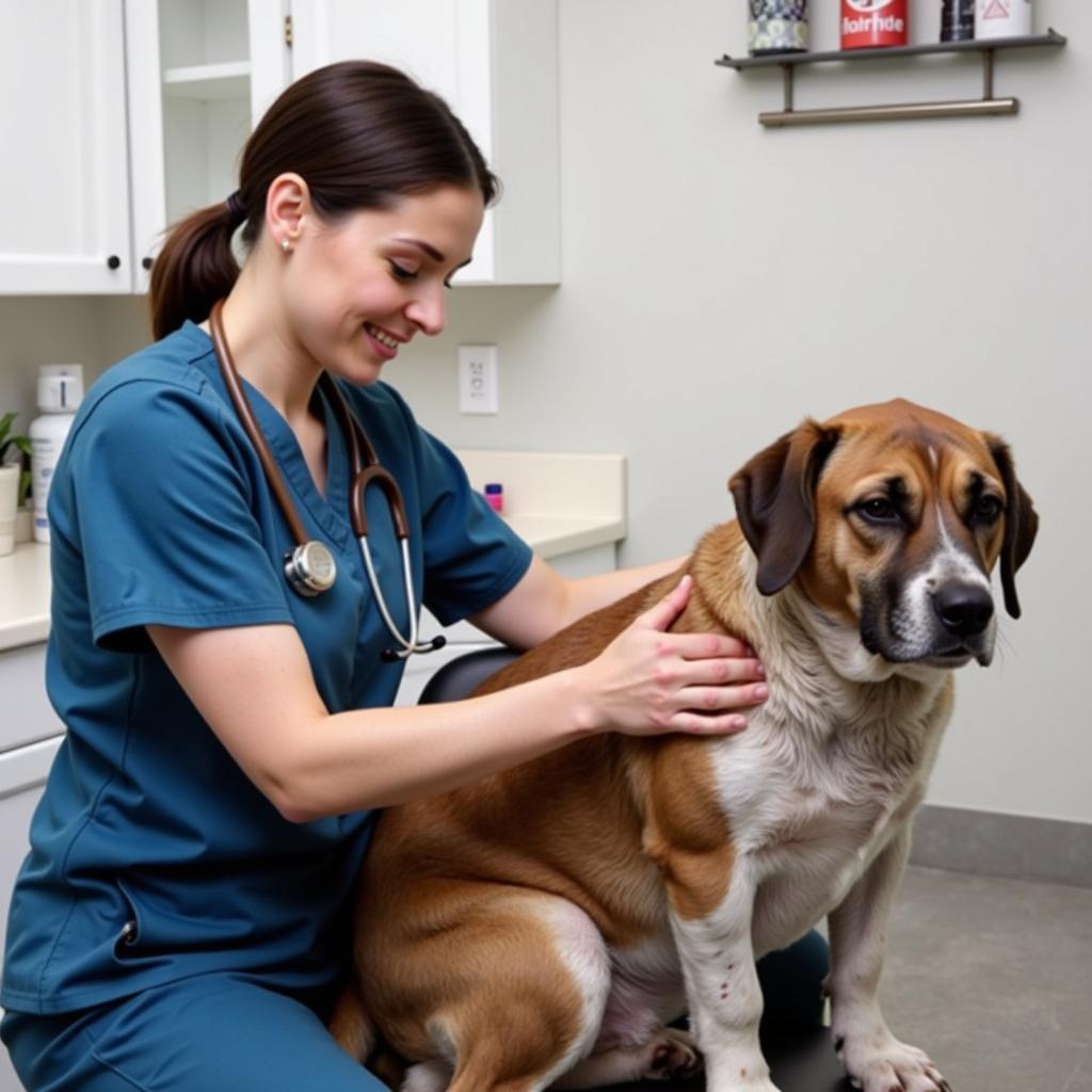 Veterinarian performing a check-up on a Golden Retriever