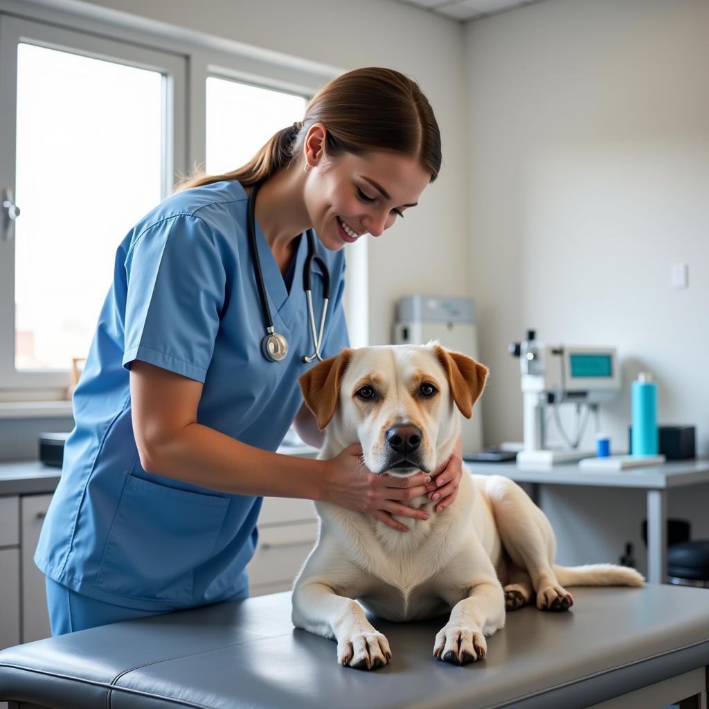 Veterinarian examining a dog in a clinic room