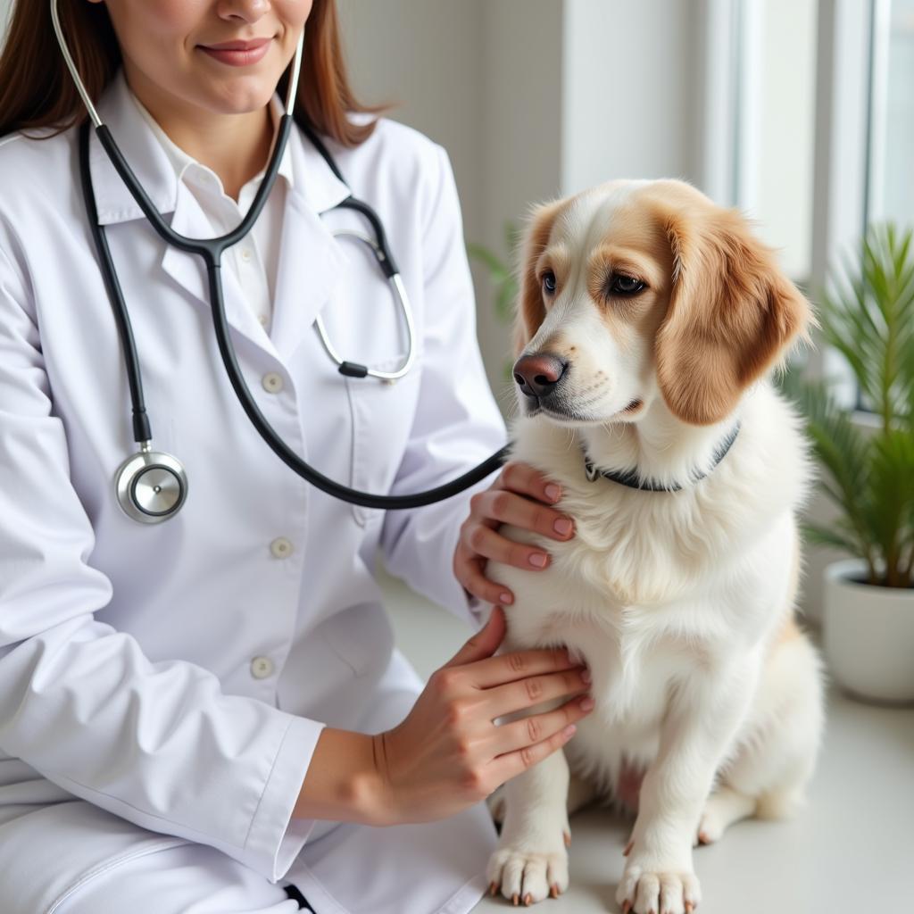 Veterinarian performing a check-up on a happy dog