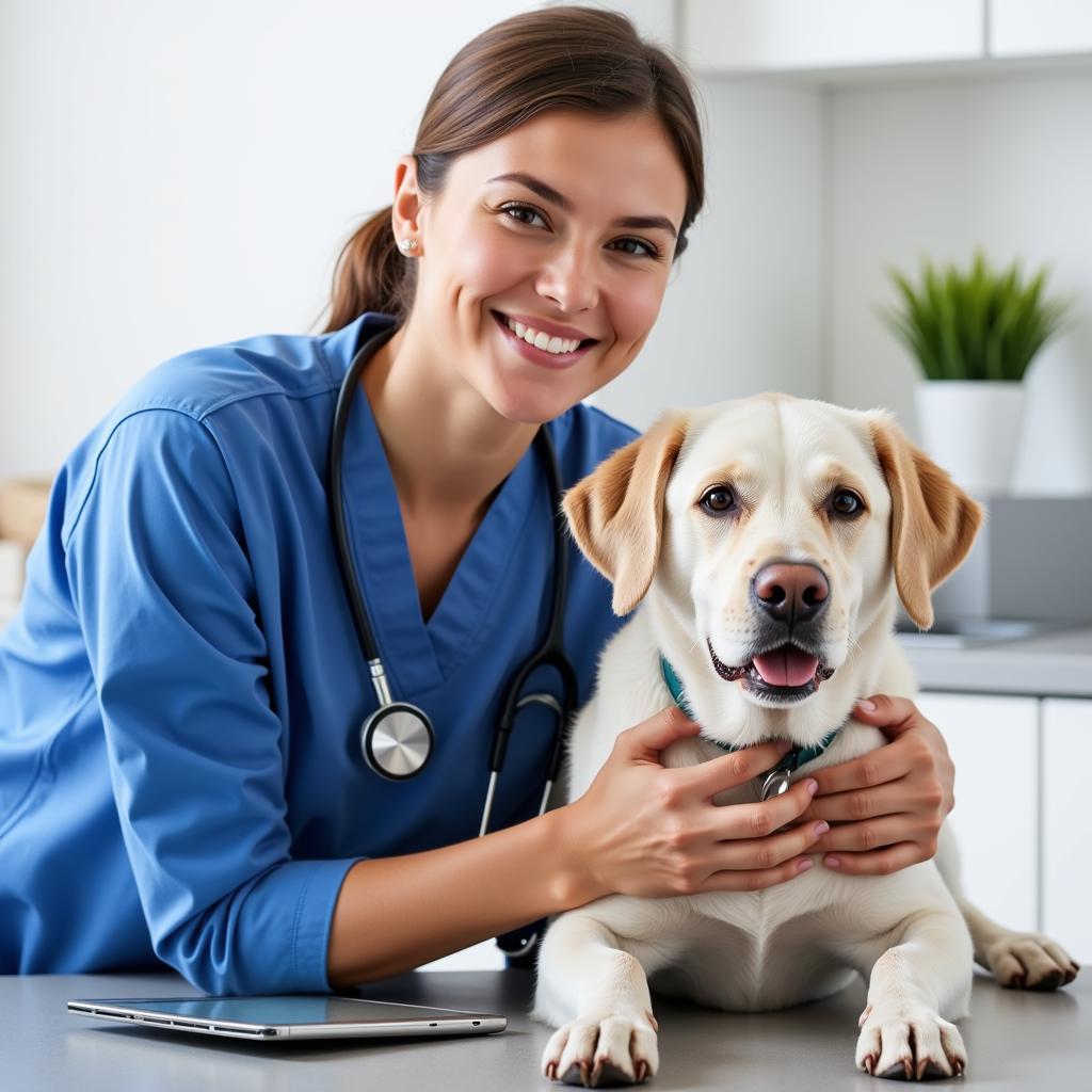 A veterinarian wearing a blue uniform uses a stethoscope to examine a dog