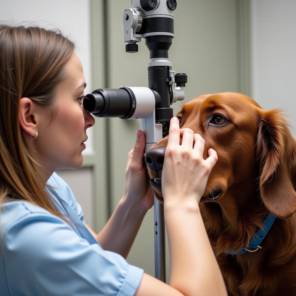 Veterinarian examining a dog with specialized equipment