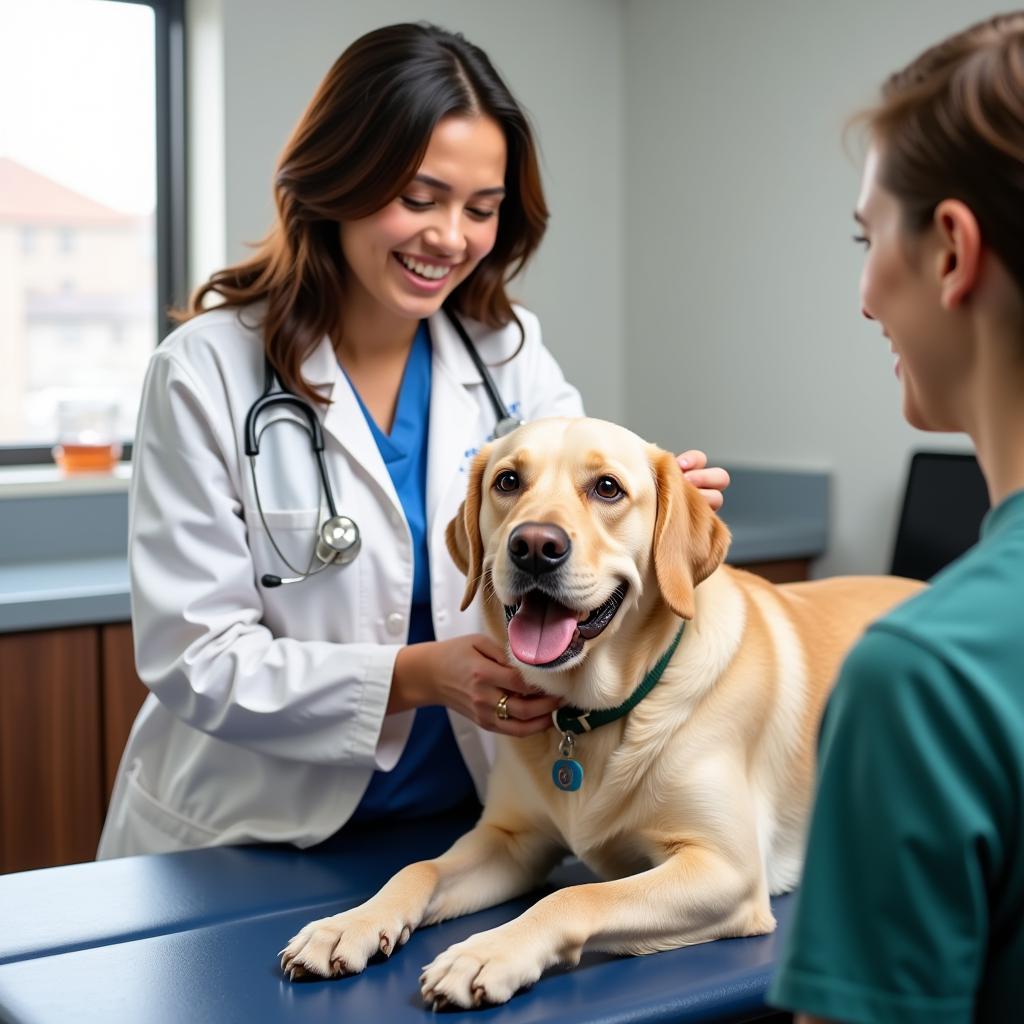 Veterinarian performing a check-up on a Labrador Retriever in Grand Haven