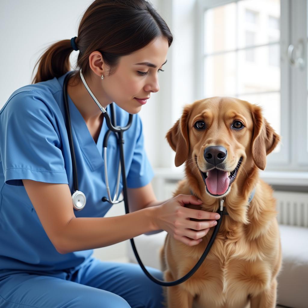 Experienced veterinarian conducting a thorough examination on a dog