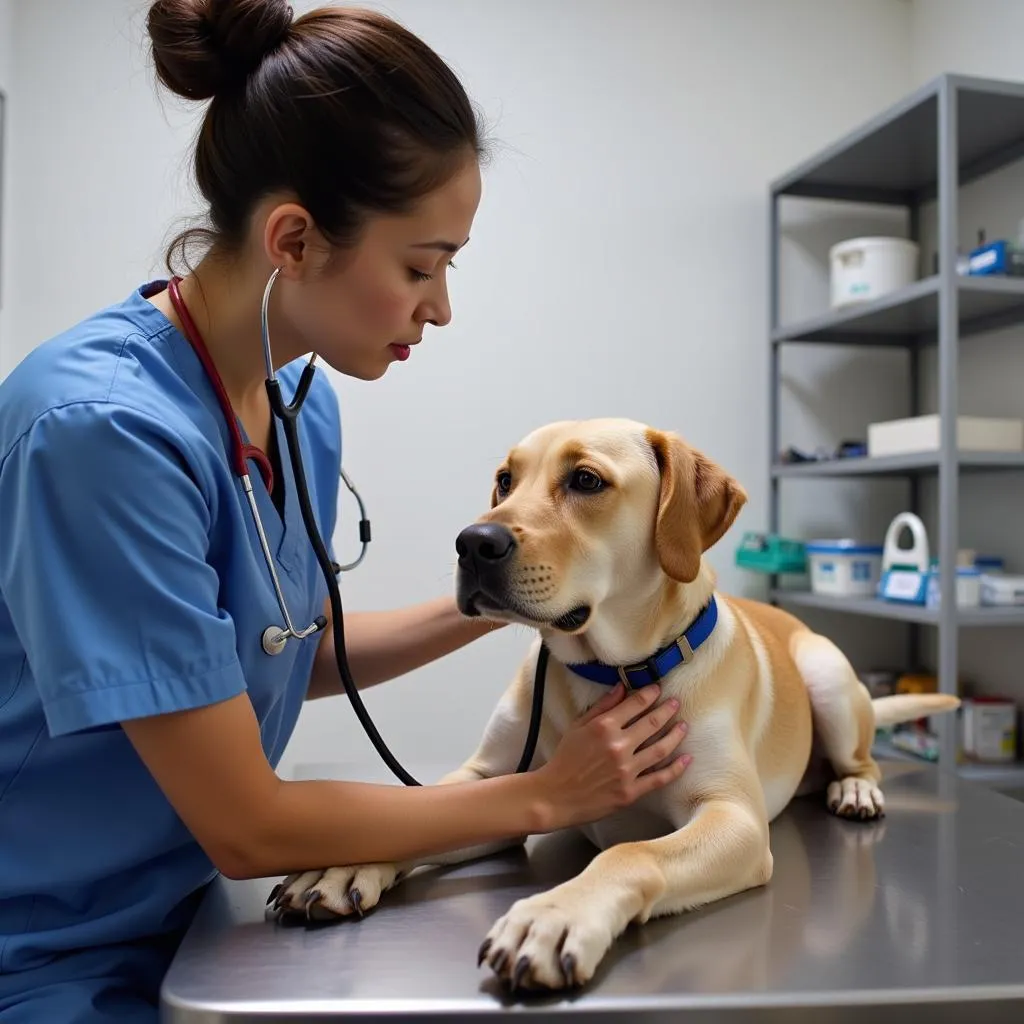 A veterinarian wearing a blue uniform is carefully examining a dog in a brightly lit emergency room.