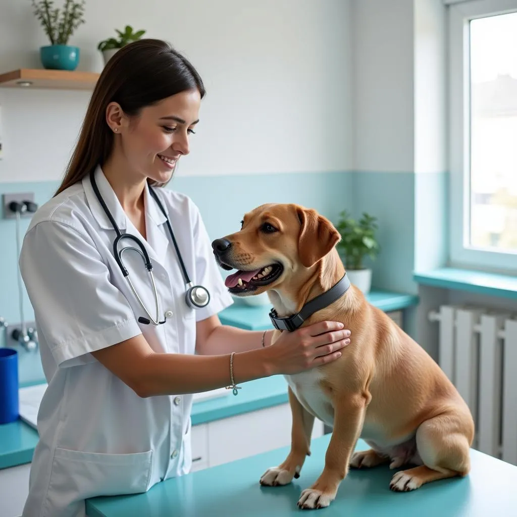 Experienced veterinarian conducting a check-up on a dog in a well-equipped exam room.