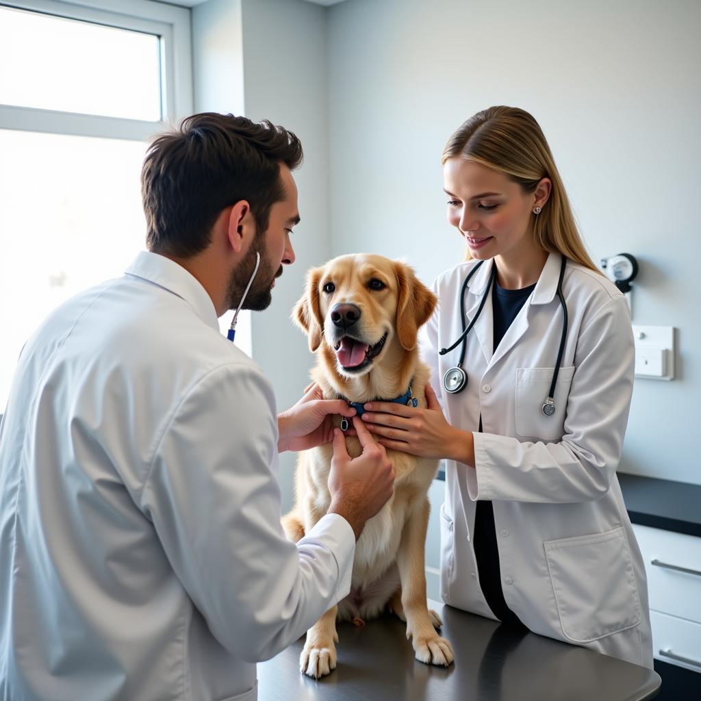 Veterinarian examining a dog in an exam room