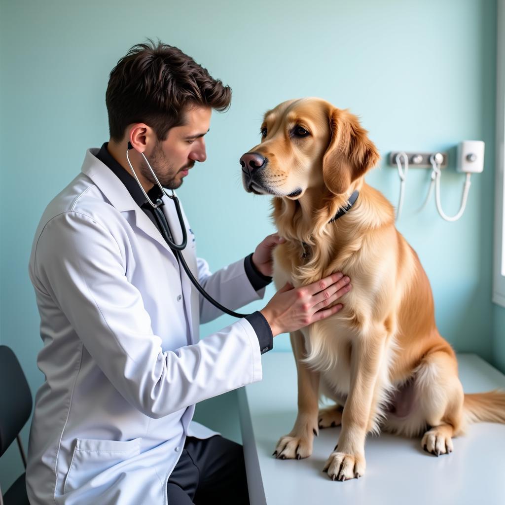 Veterinarian conducting a thorough examination on a Golden Retriever