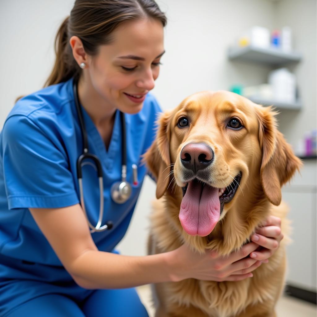 Veterinarian examining a dog in an exam room at Bryant Drive Animal Hospital