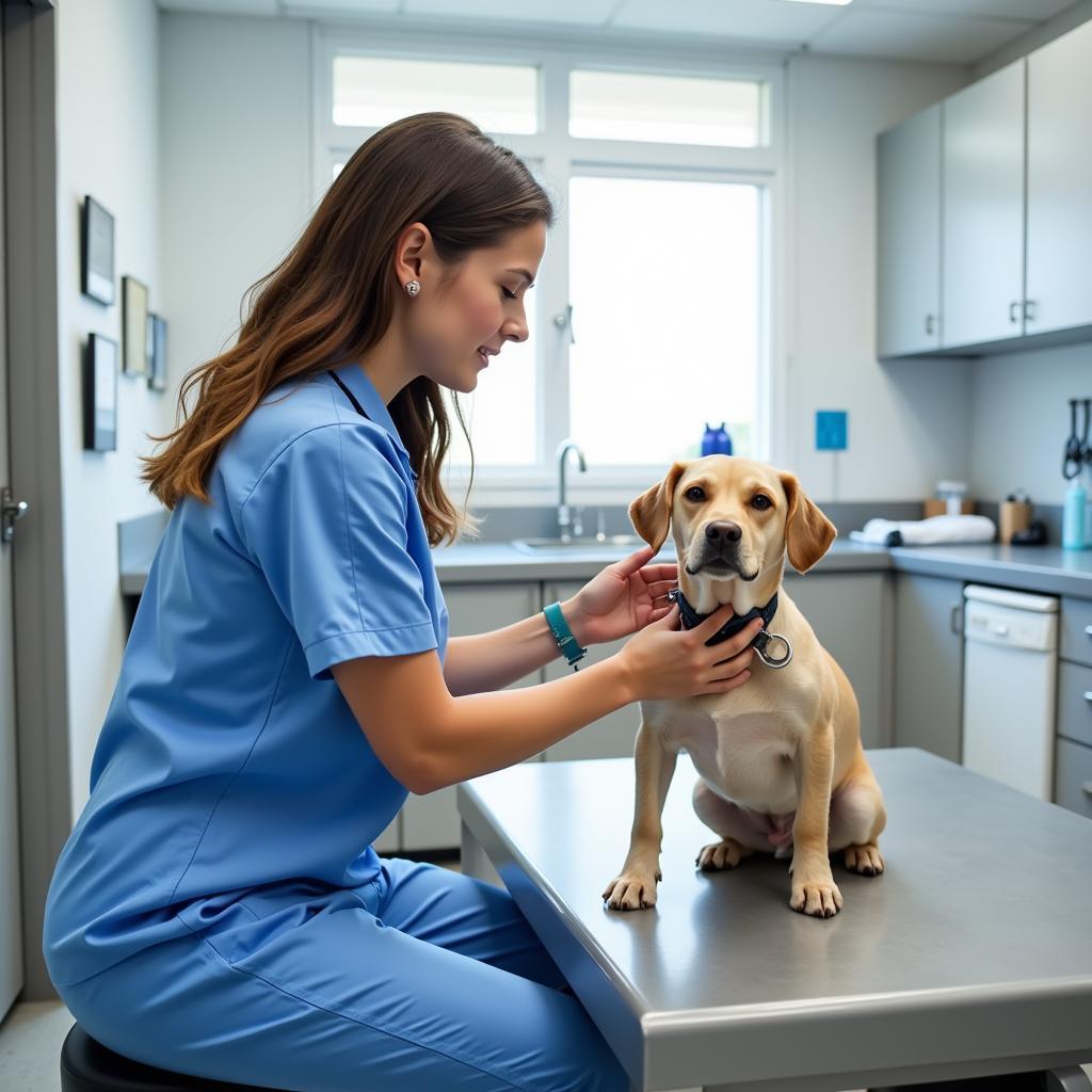 Veterinarian conducting a thorough examination of a dog in a well-equipped exam room