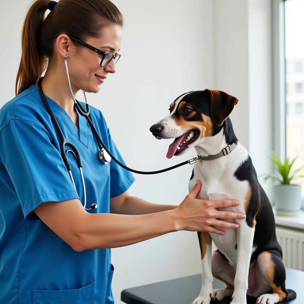 Veterinarian conducting a thorough examination on a friendly dog