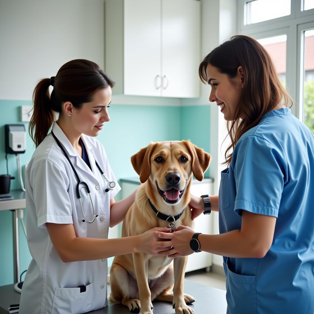 Experienced veterinarian examining a dog at Warm Hearts Pet Hospital