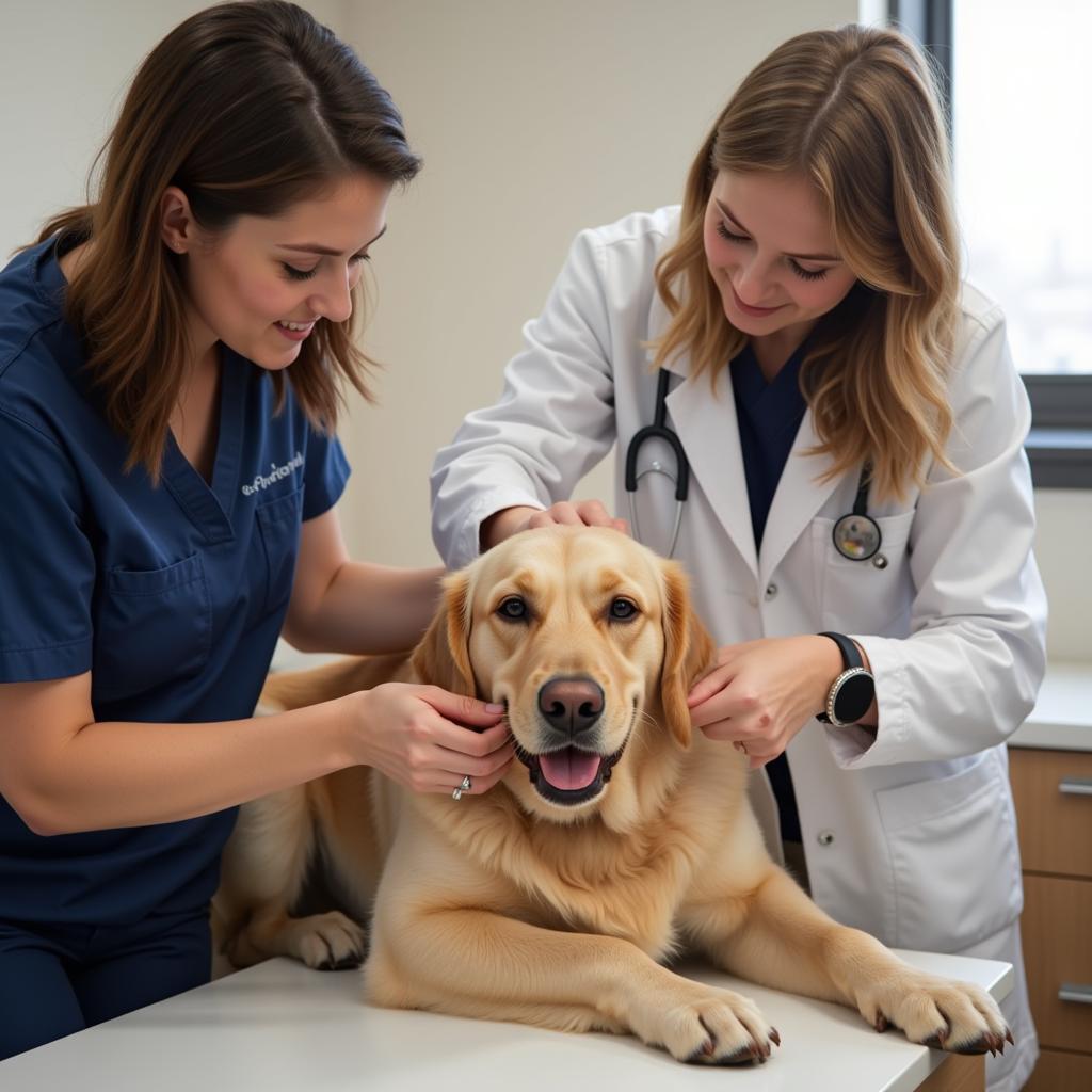 Veterinarian performing a check-up on a Golden Retriever