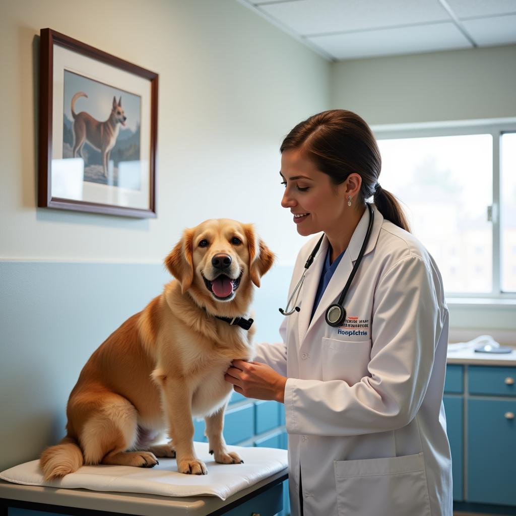 Experienced veterinarian examining a dog in a bright exam room