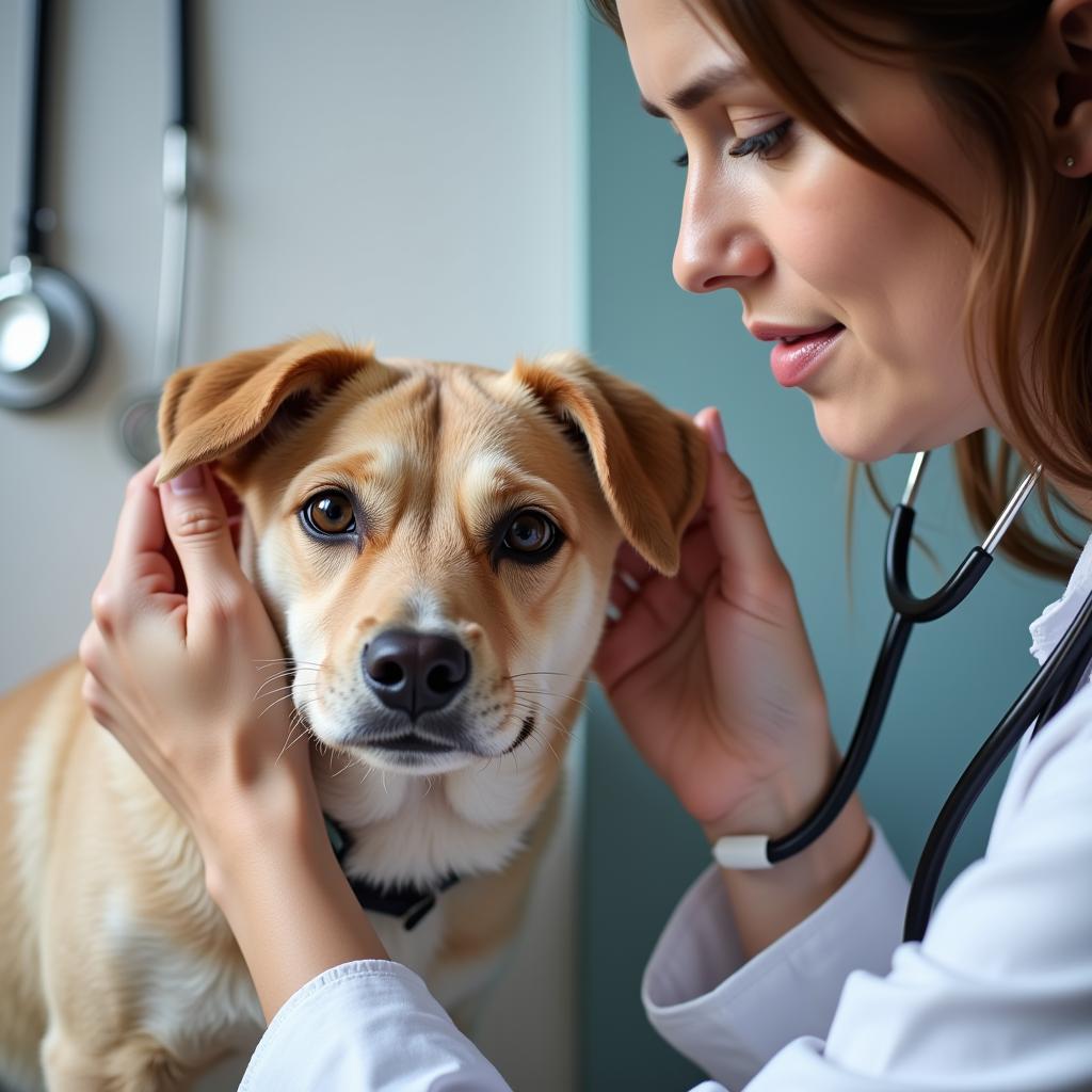  A veterinarian in South Boulder carefully examining a dog