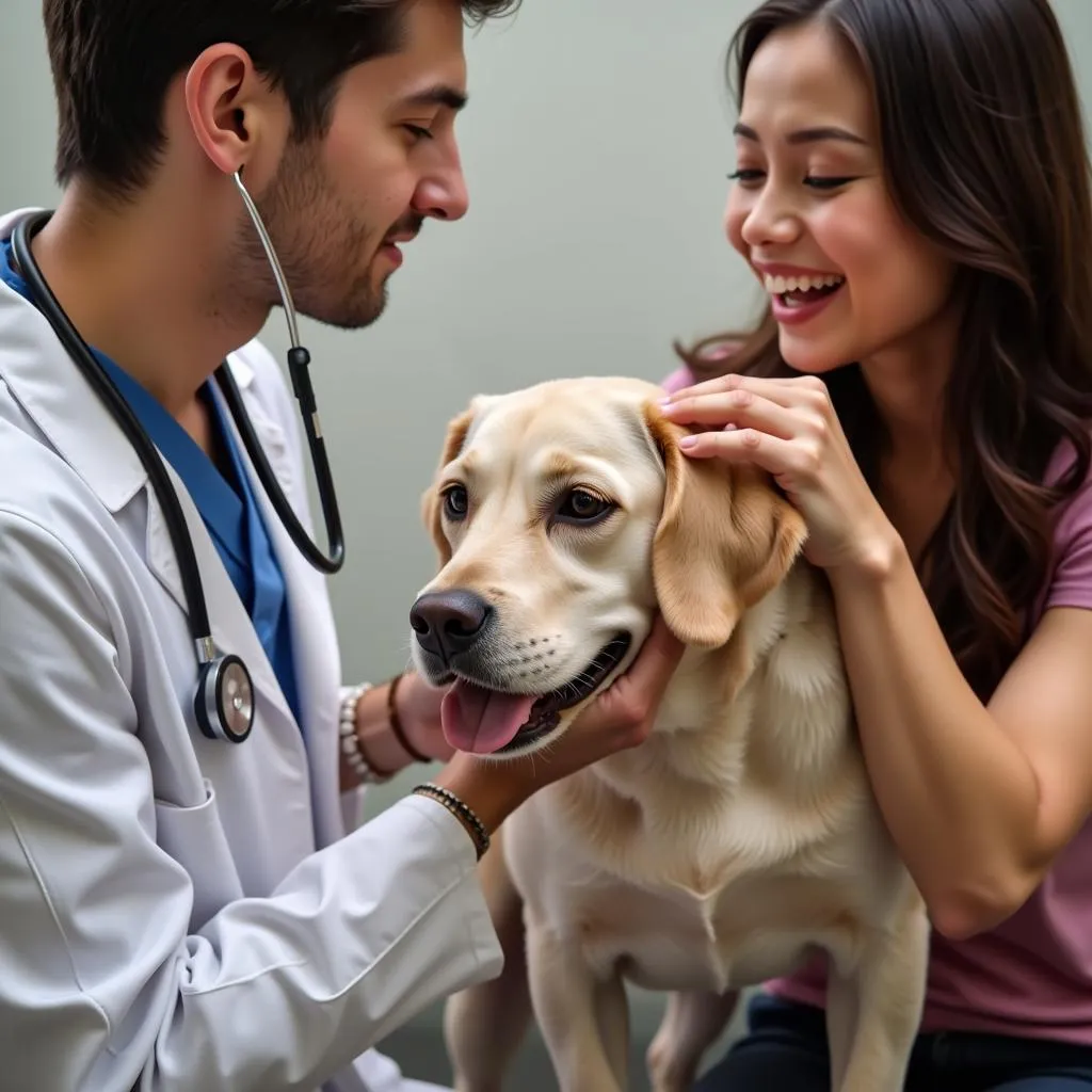 Veterinarian Examining a Dog with Owner