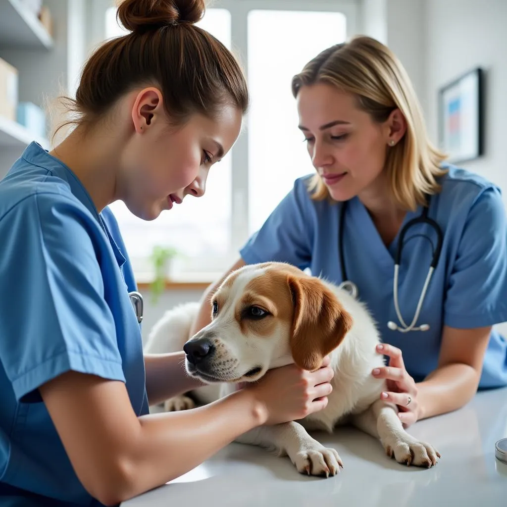 Veterinarian conducting a thorough examination of a dog with the owner present