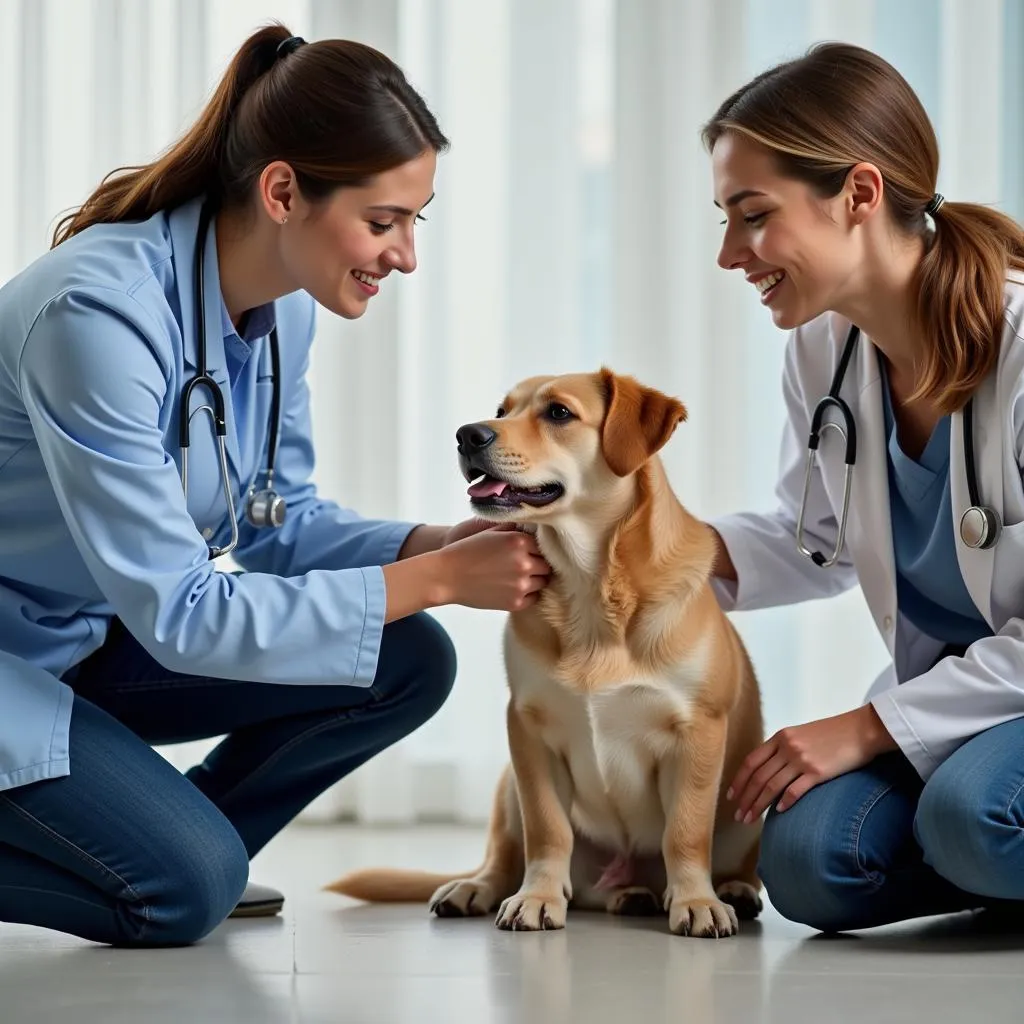 Veterinarian Examining Dog with Owner