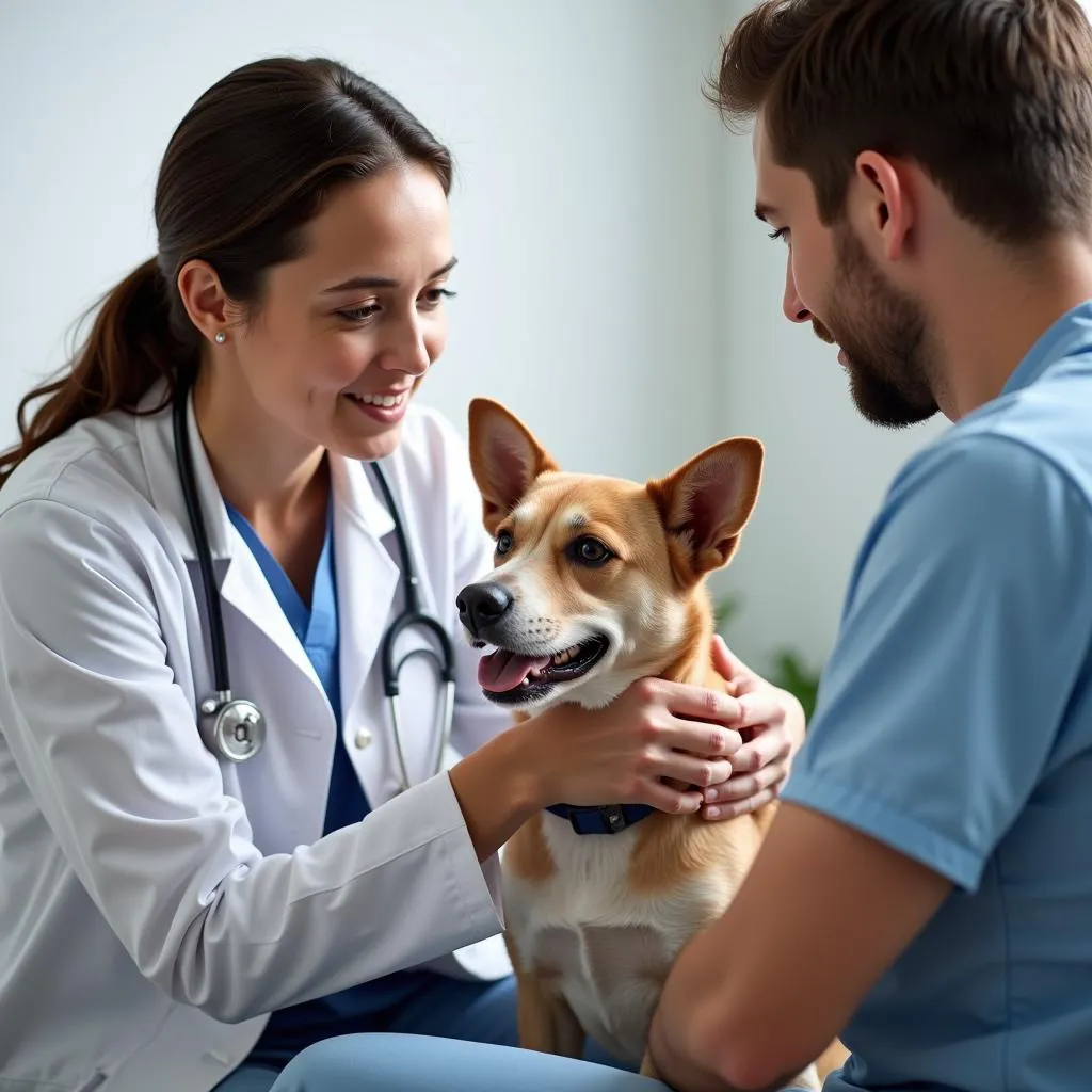 Veterinarian Examining Dog with Owner