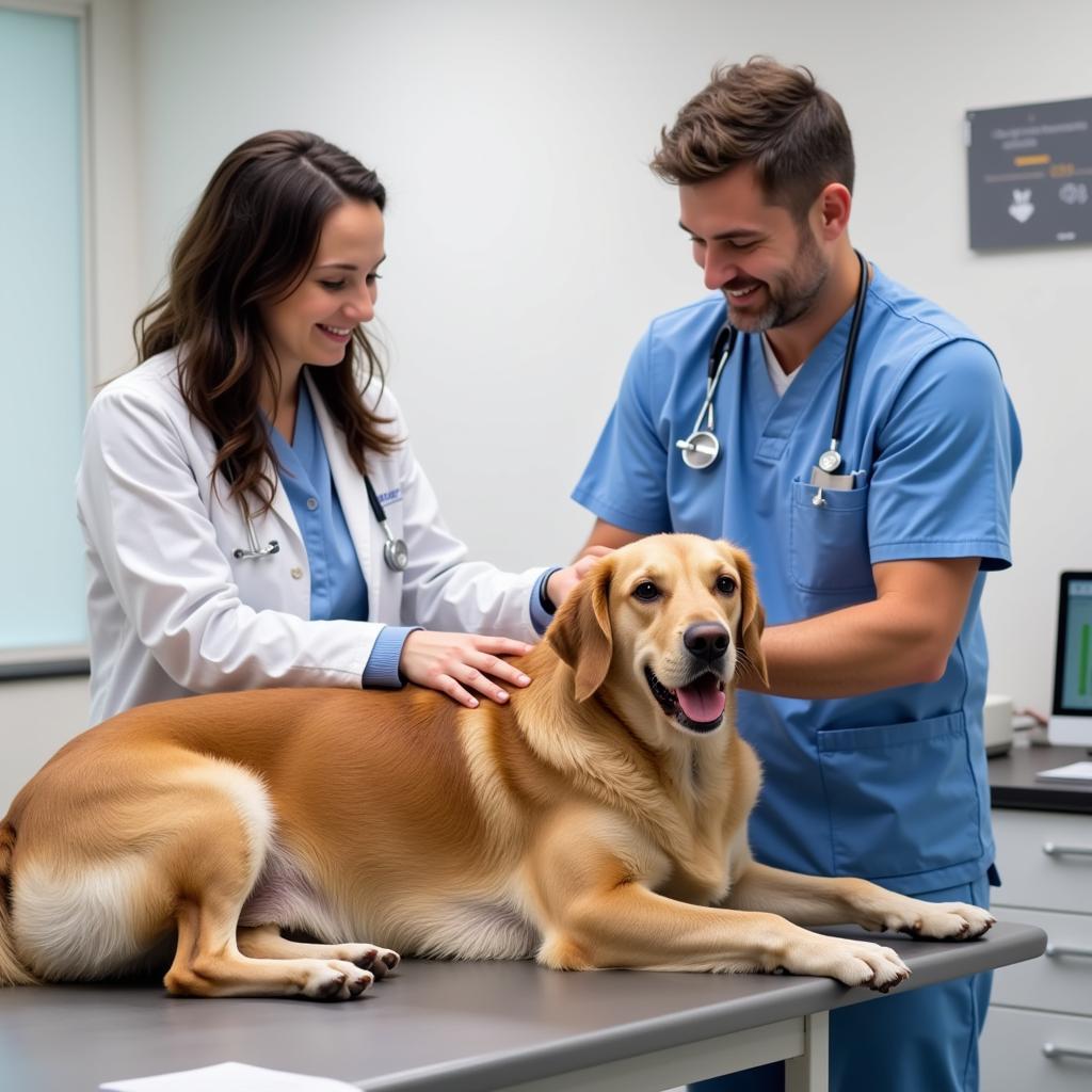 A veterinarian examining a dog during a check-up, while the owner observes with a smile. 