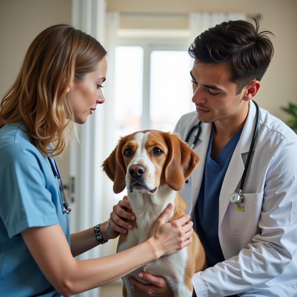 Veterinarian Examining Dog with Owner