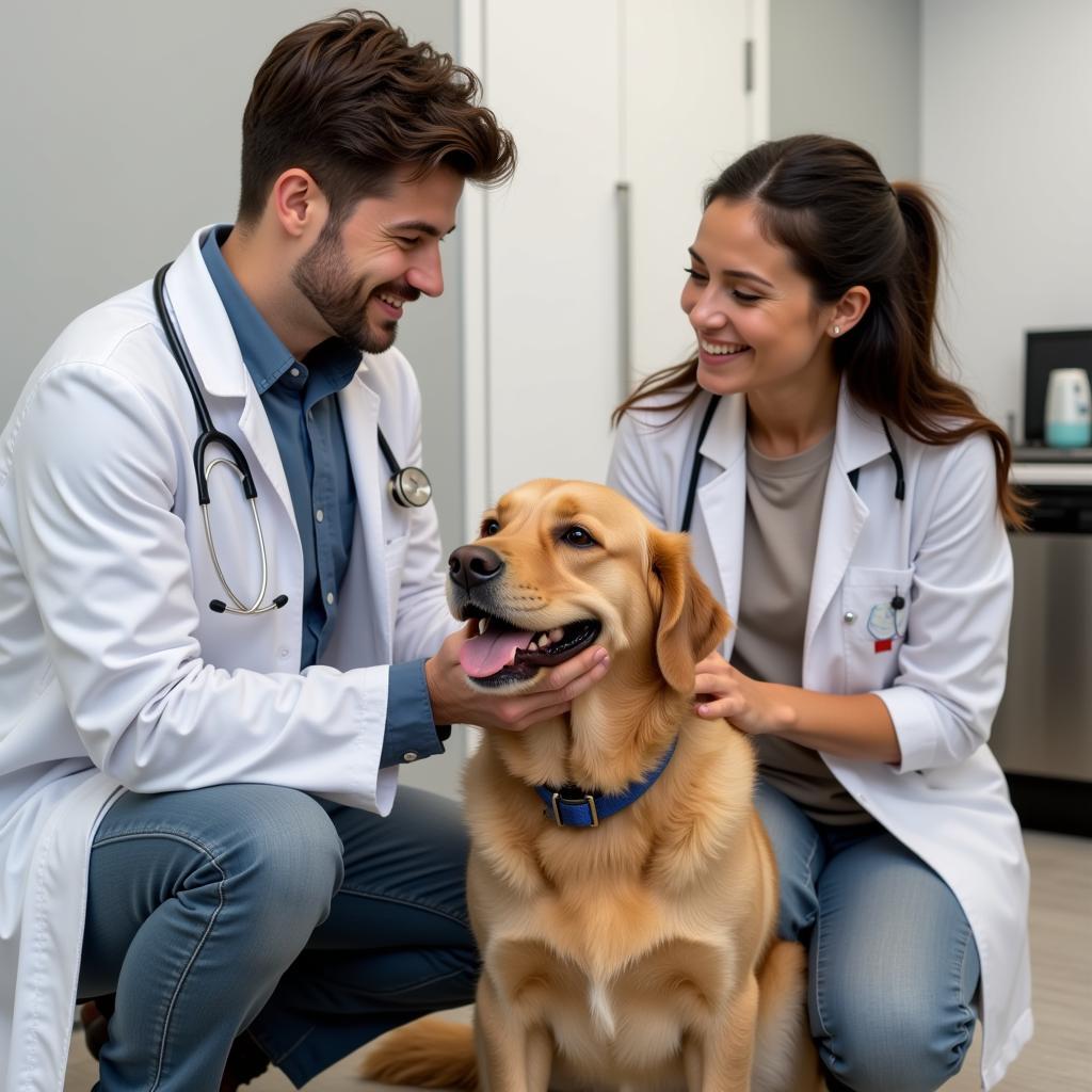 Veterinarian examining a dog with the owner present