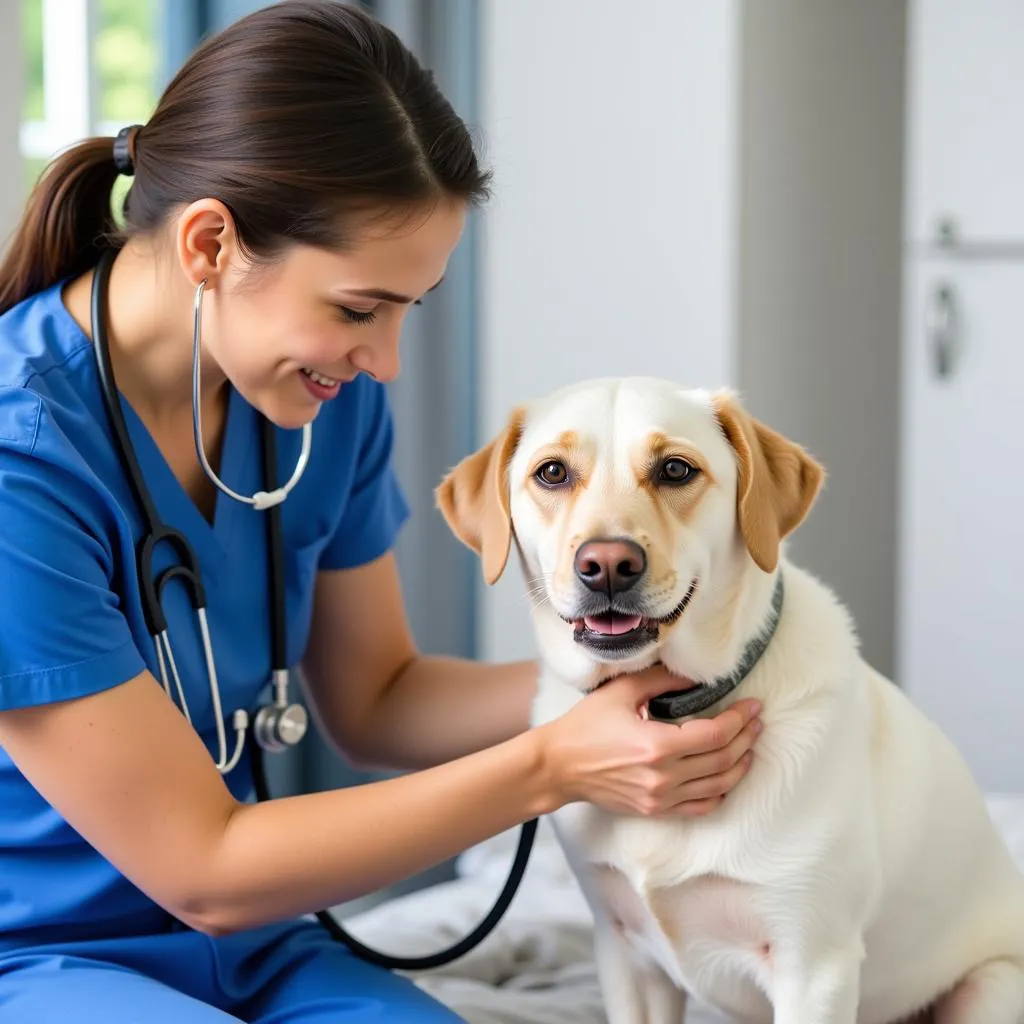 Veterinarian examining a dog with a stethoscope 