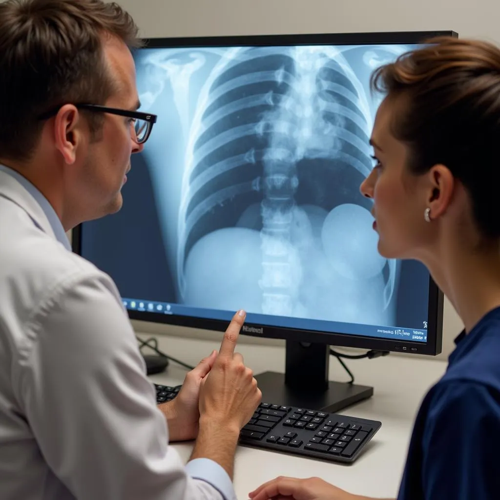 Veterinarian explaining x-ray results to pet owner