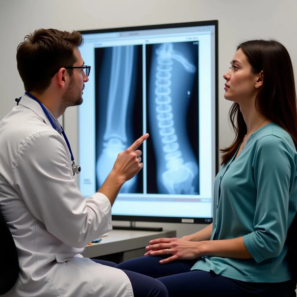  Veterinarian explaining x-ray to pet owner 