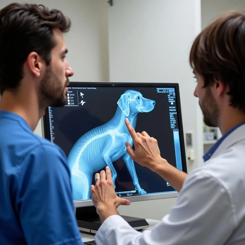 Veterinarian explaining an X-ray to a concerned pet owner