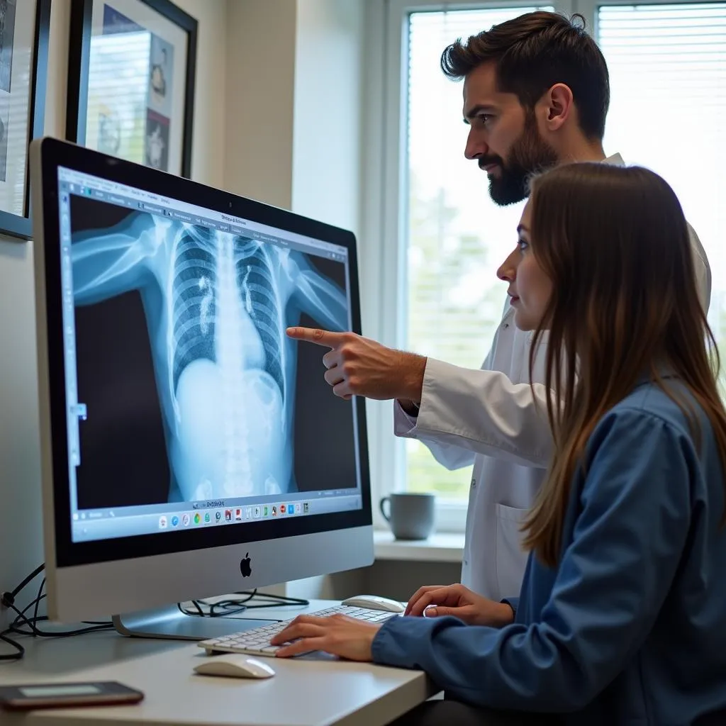 Veterinarian explaining x-ray to pet owner