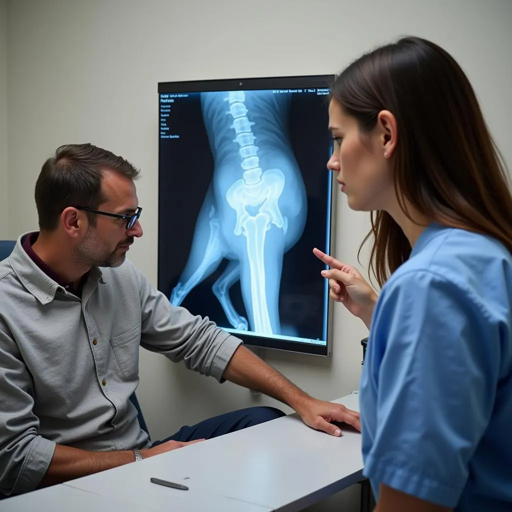  Veterinarian showing and explaining a pet X-ray to the owner 