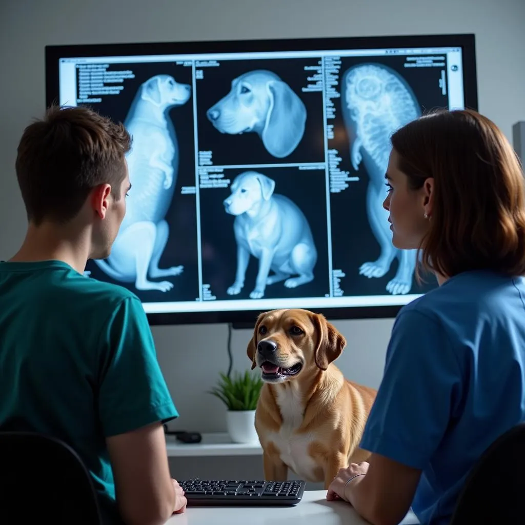 A veterinarian patiently explaining an x-ray to a concerned pet owner