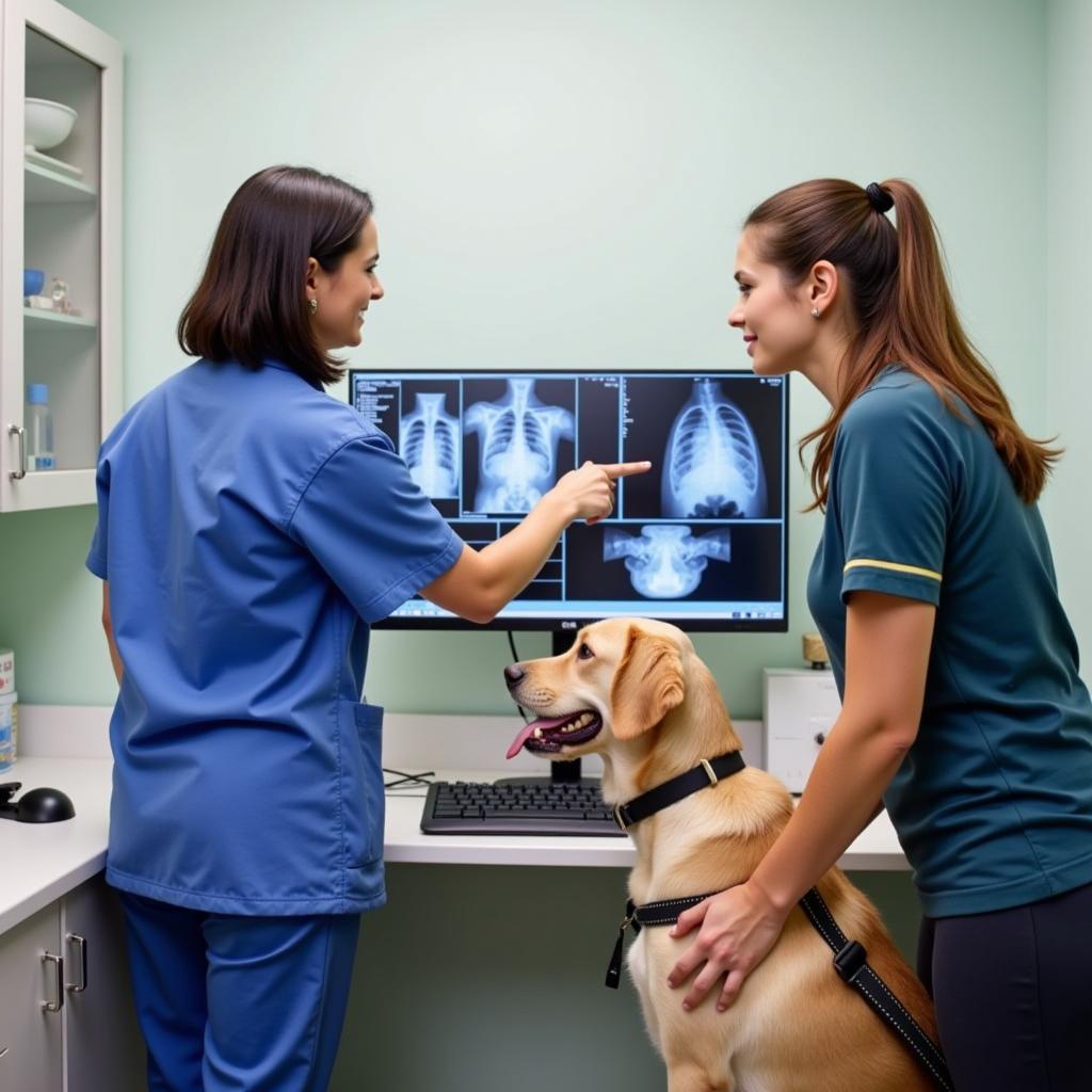 Veterinarian explaining x-ray results to a pet owner