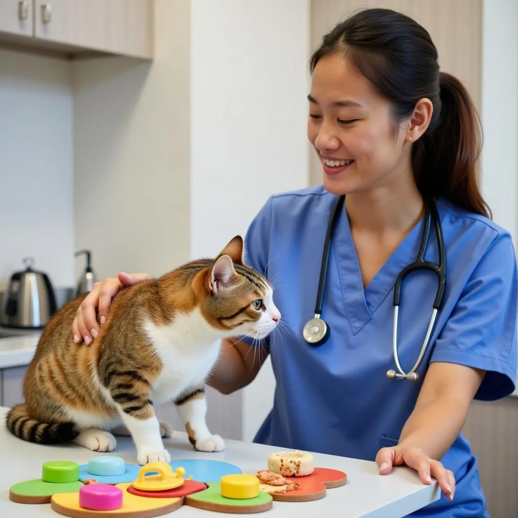 Veterinarian showing a puzzle toy to a curious cat