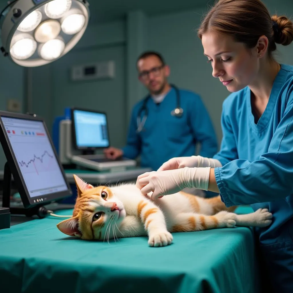 Veterinarian monitoring a sedated cat