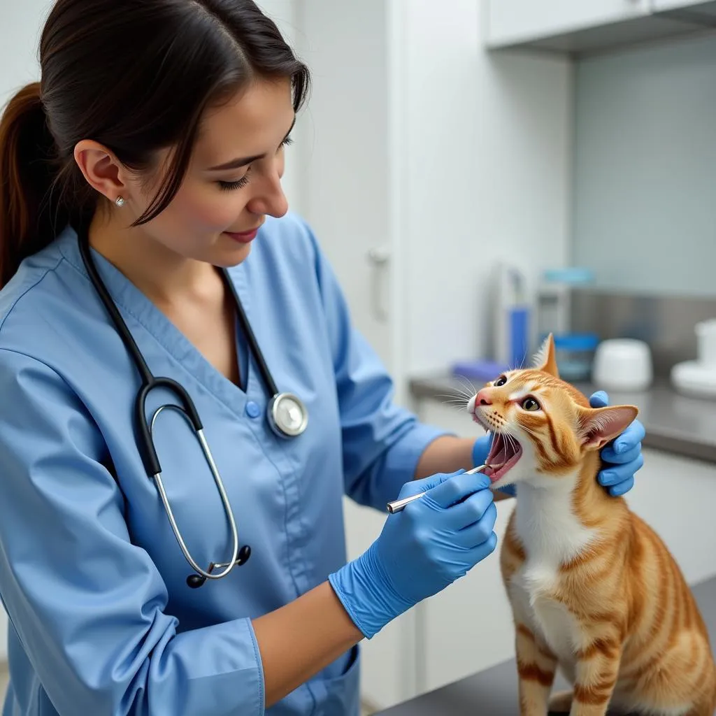 Veterinarian performing dental care on a cat