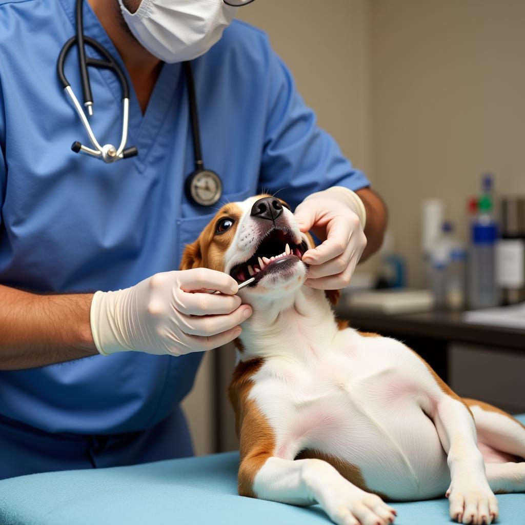 Veterinarian conducting a dental checkup on a dog