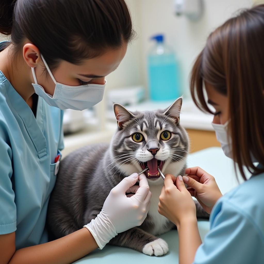 Veterinarian Performing Dental Checkup on Cat