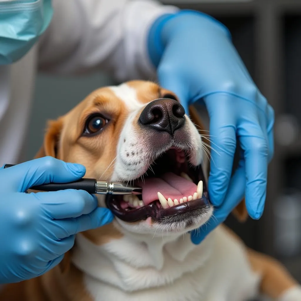 Veterinarian performing dental cleaning on a dog under anesthesia