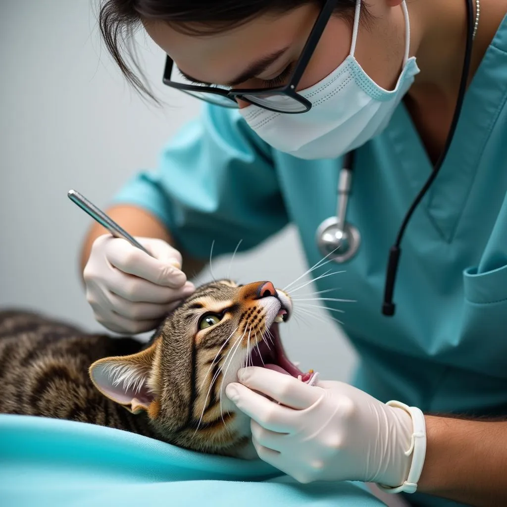 Veterinarian performing a dental cleaning on a cat