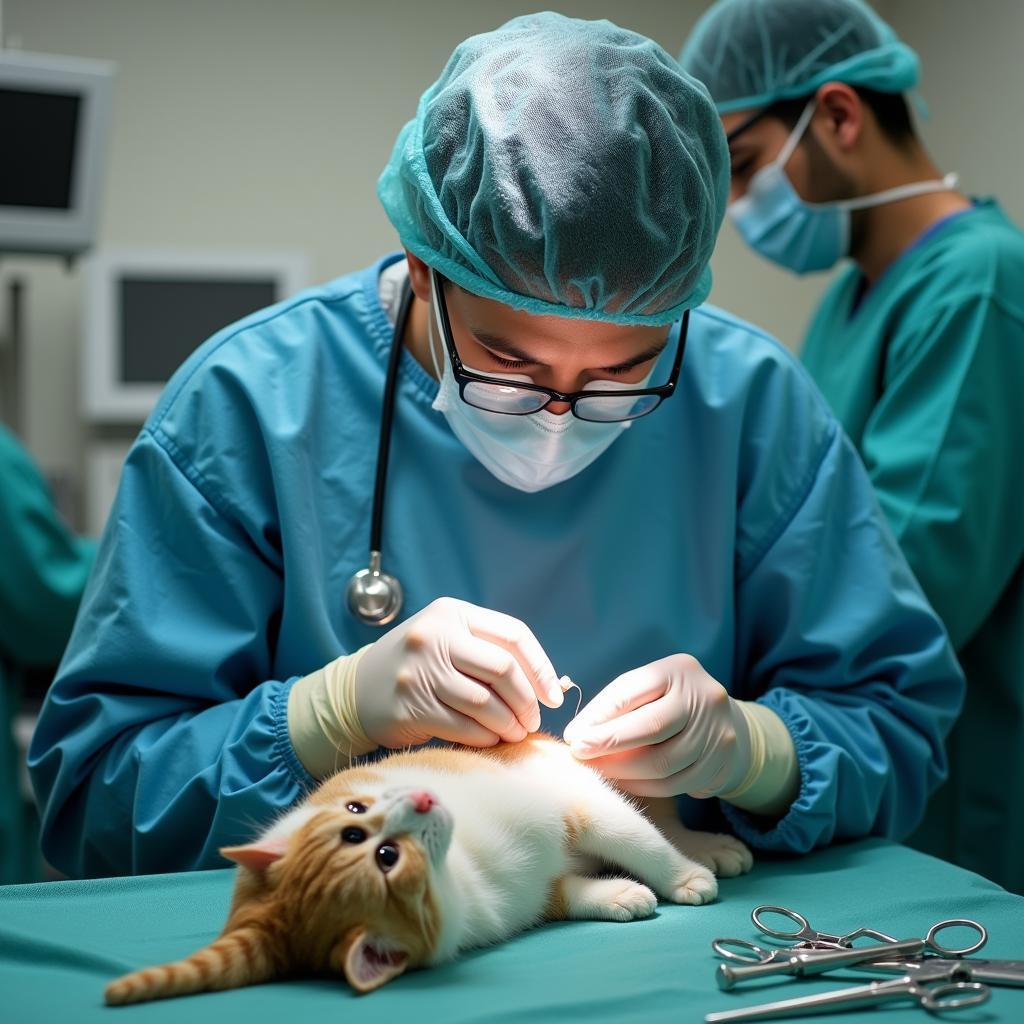 Veterinarian Performing Surgery on a Cat