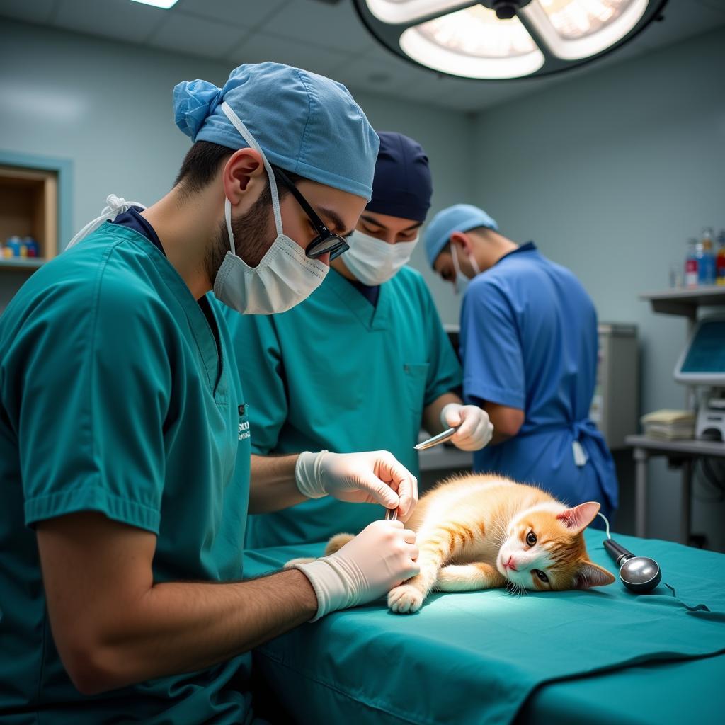 Veterinarian performing surgery on a cat