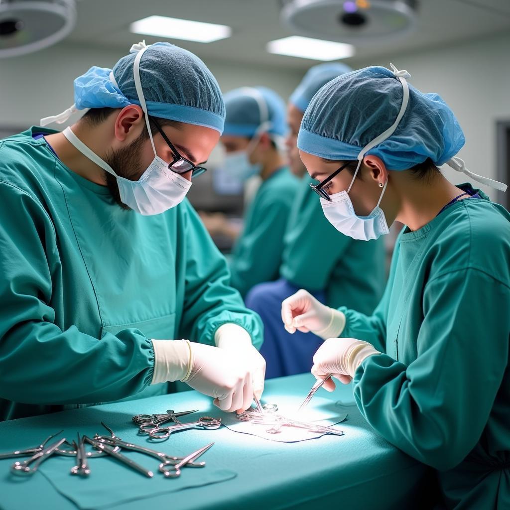 Veterinarian and veterinary technician preparing a surgical suite for a pet surgery