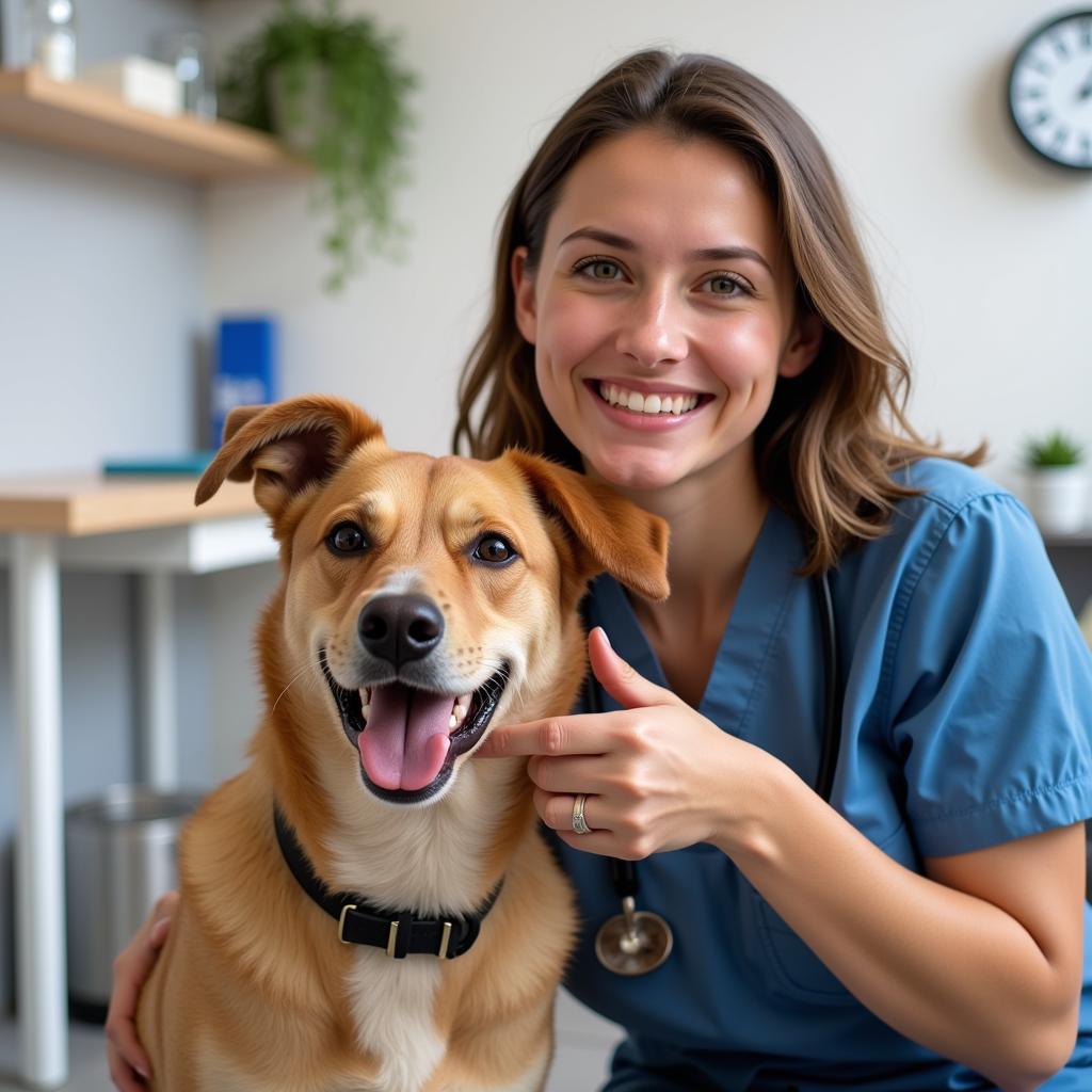 Happy Dog with Owner and Veterinarian