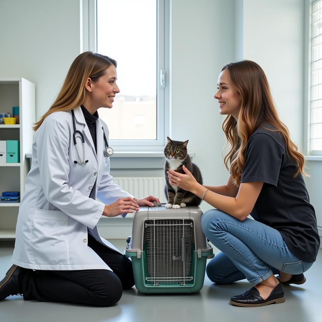 A veterinarian kneels beside a cat carrier, speaking to a pet owner.