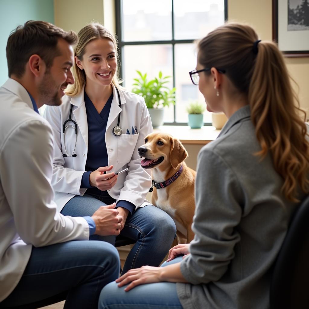 A veterinarian engaging in a conversation with pet parents