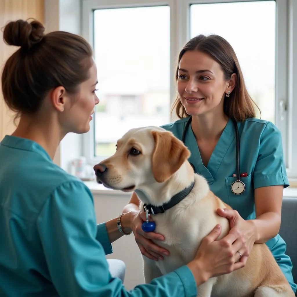 Veterinarian and pet owner having a discussion in the exam room